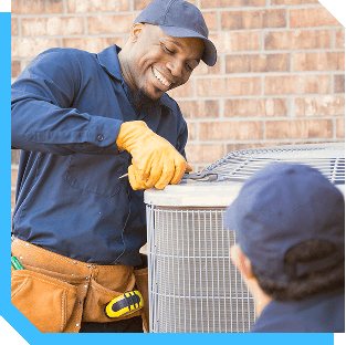 Two technicians repairing an air conditioning unit in Duluth, GA, demonstrating AC service plans.
