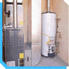 Gas furnace and water heater installed in a compact utility room in the North Atlanta Metro area.